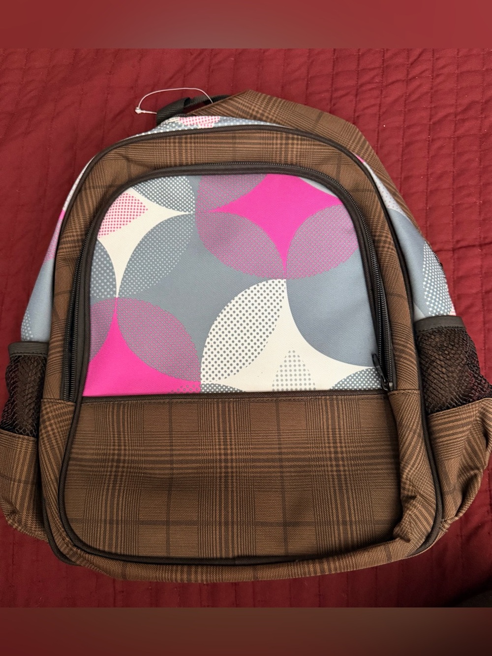 NWOT Brown Plaid Backpack with Pink & Gray Geometric Front